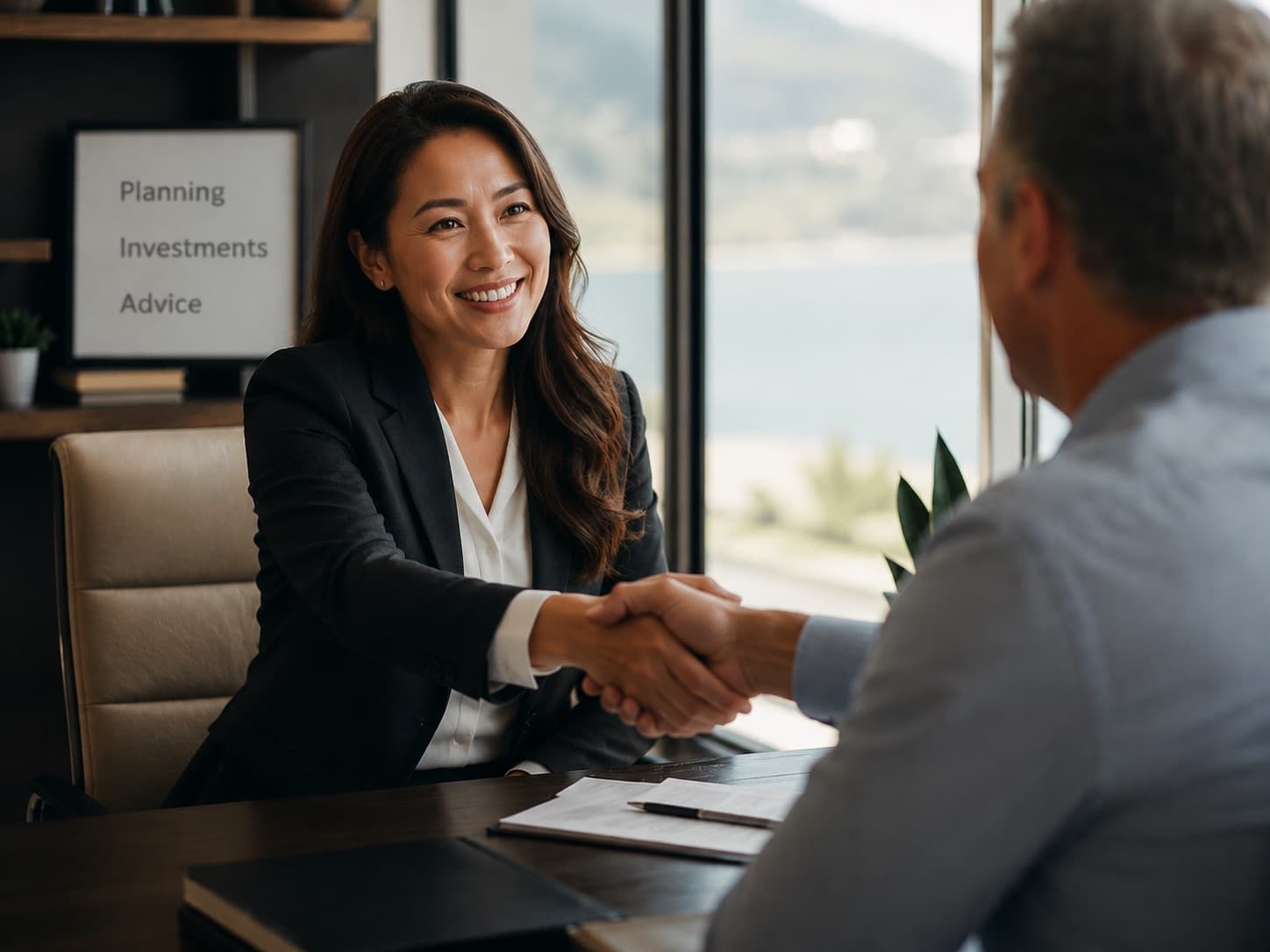 A professional shaking hands with a Parsonex advisor across a desk.
