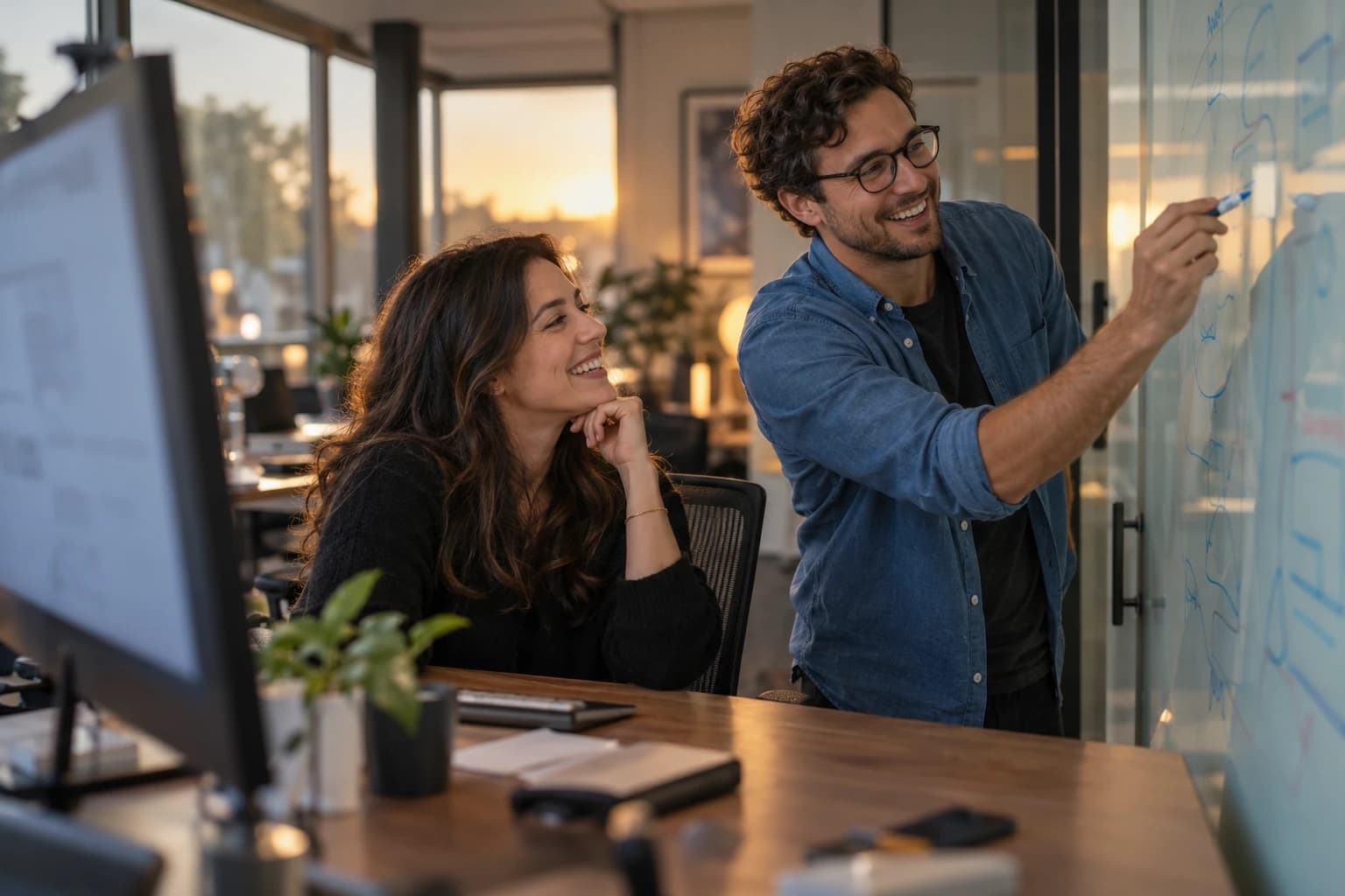 An advisor and an engineer working through an idea at a whiteboard