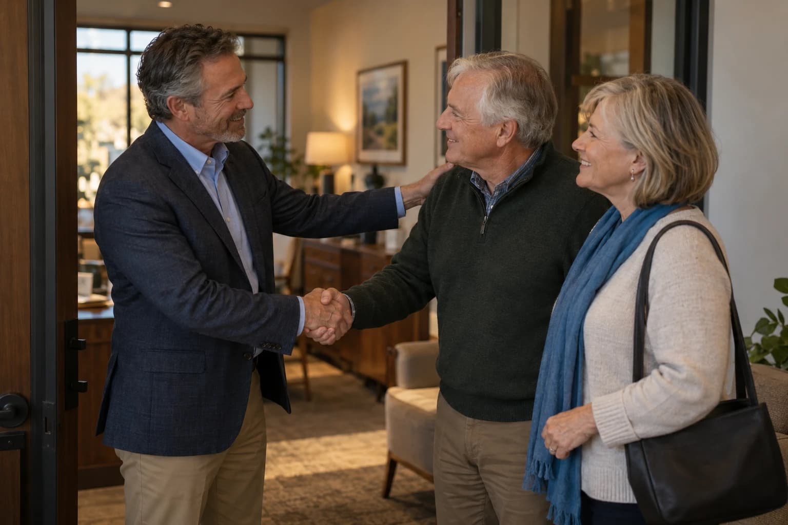 An advisor welcoming a long-time client couple at the office door