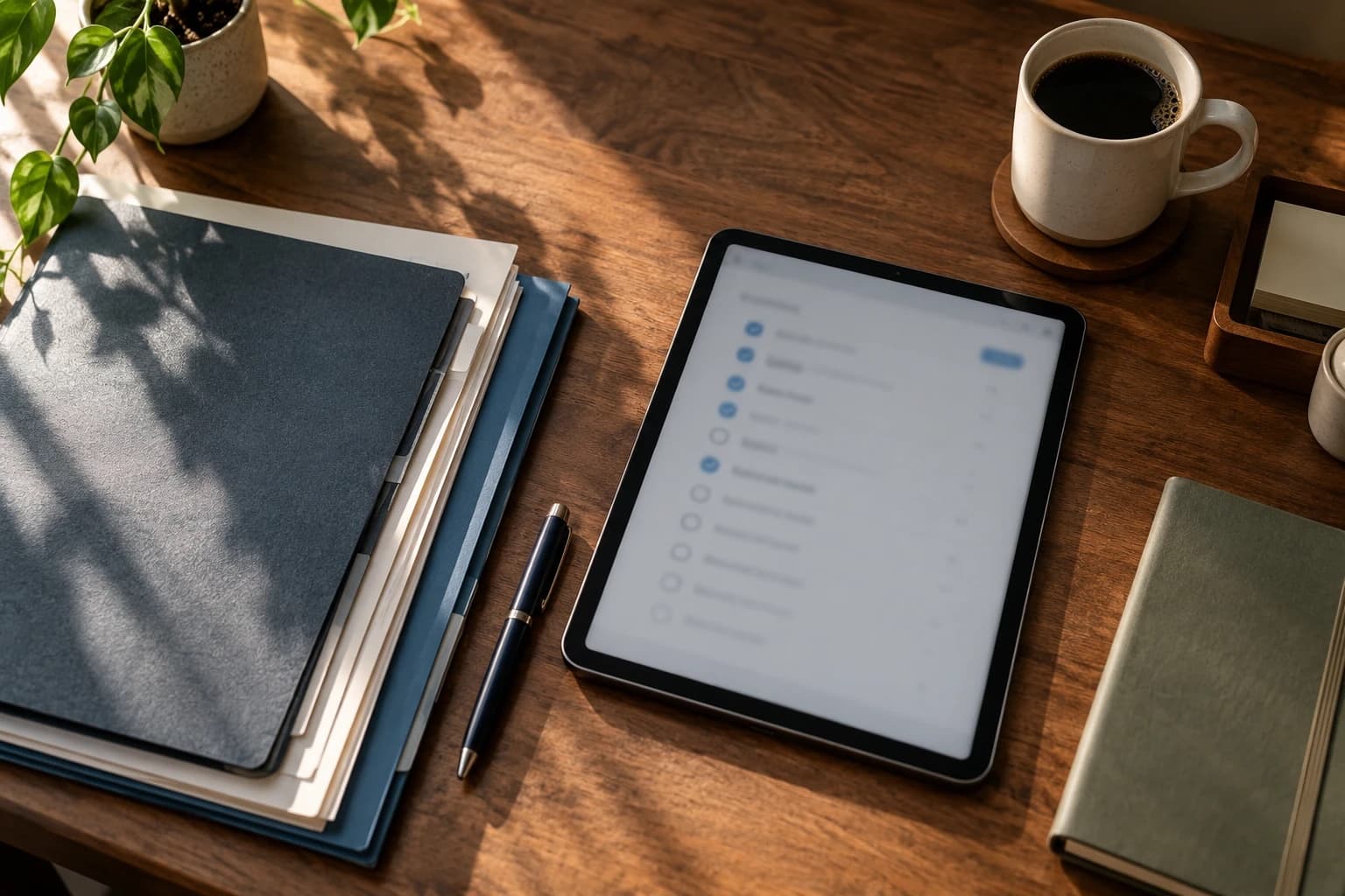 An organized desk with folders, a pen, and a tablet checklist