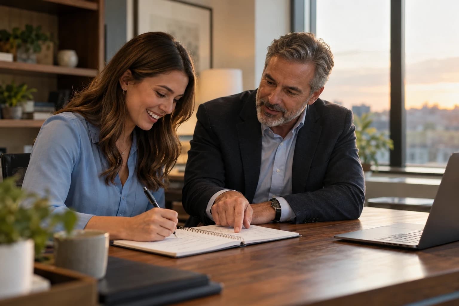 A newer advisor taking notes while an experienced advisor explains