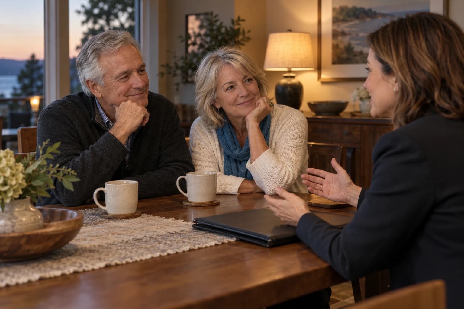 An advisor talking with a retired couple at their dining table