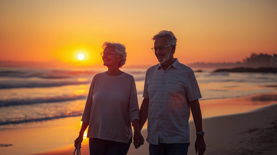 A retired couple walking together on a beach at sunset