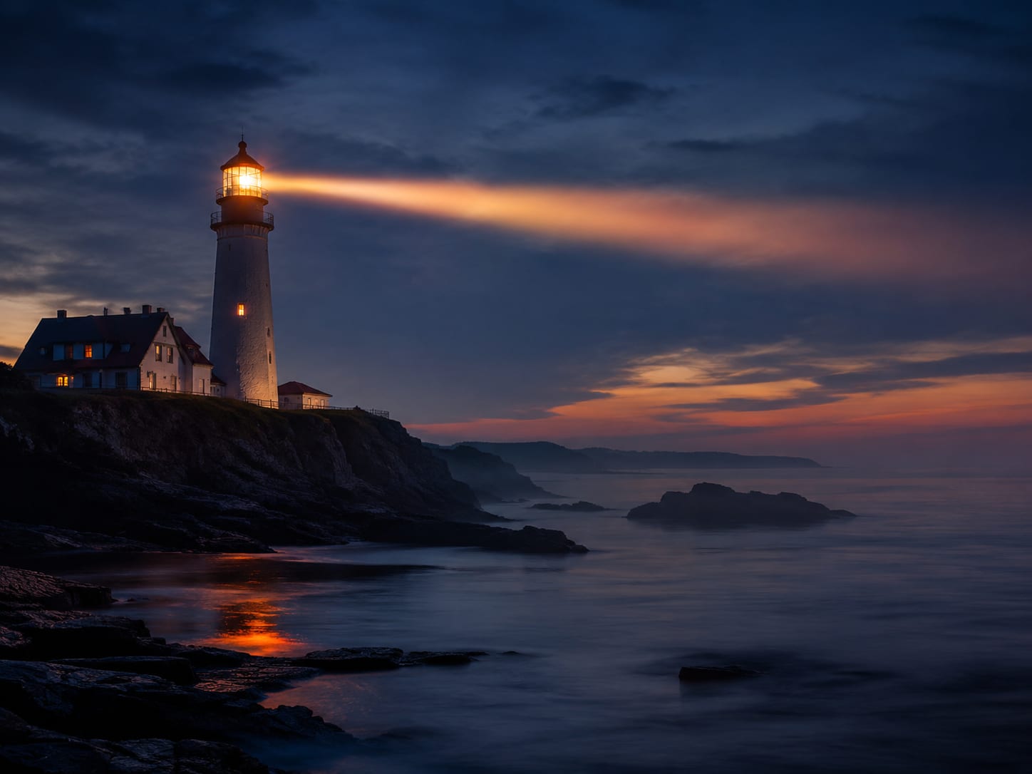 A lighthouse casting a steady beam over the coast at dusk