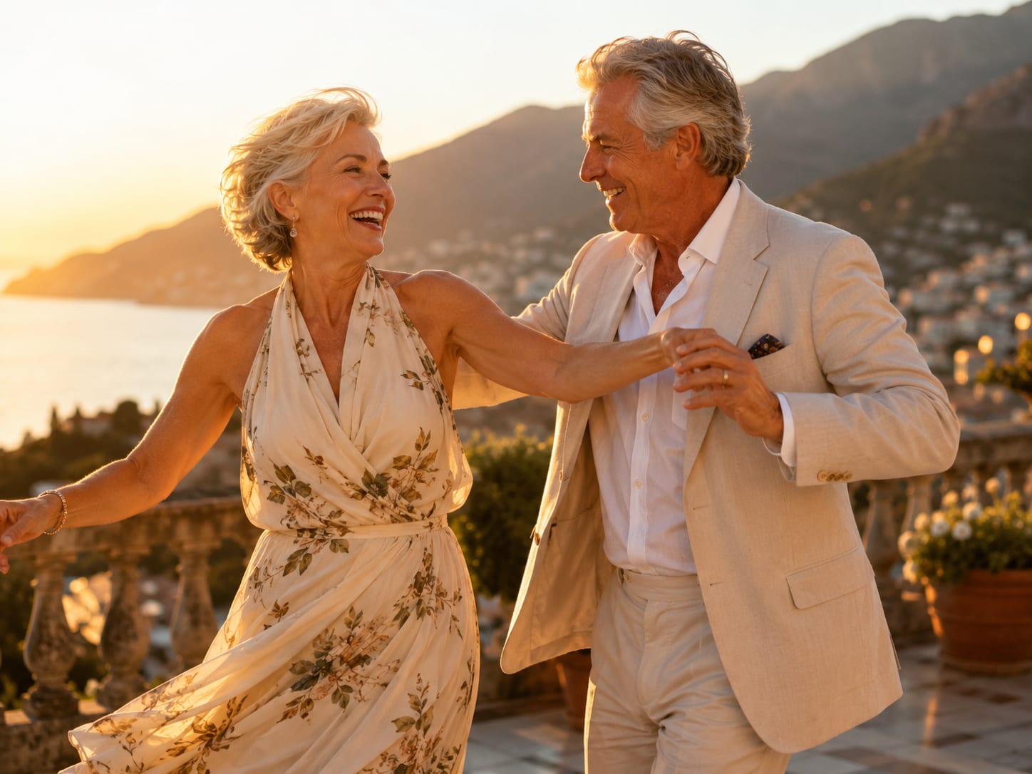 An older couple dancing joyfully at golden hour