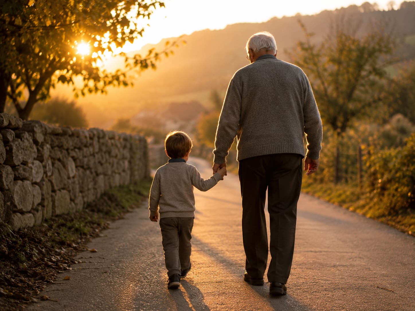 A grandparent and grandchild walking together at golden hour